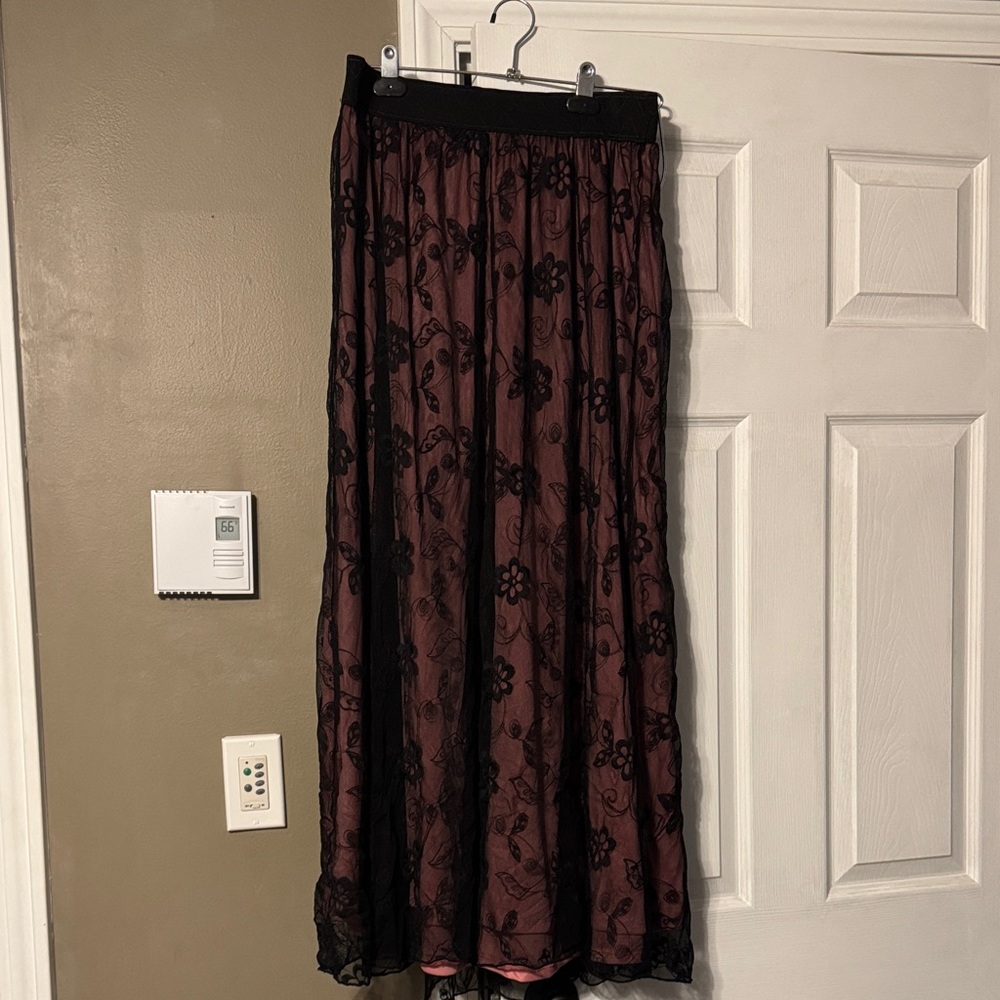 LuLaRoe Maxi Skirt in Burgundy with Black Floral Overlay